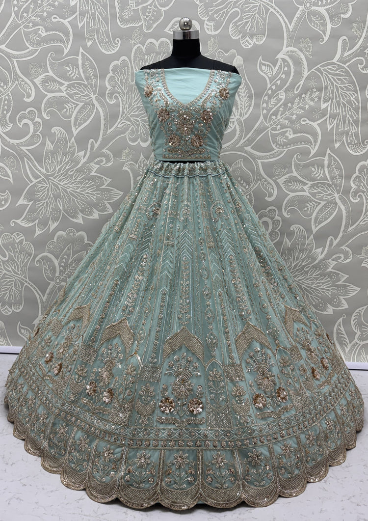 Luxury Sky Blue Bridal Net Embroidered Bridal Lehenga Choli with Unstitched Blouse & Net Dupatta