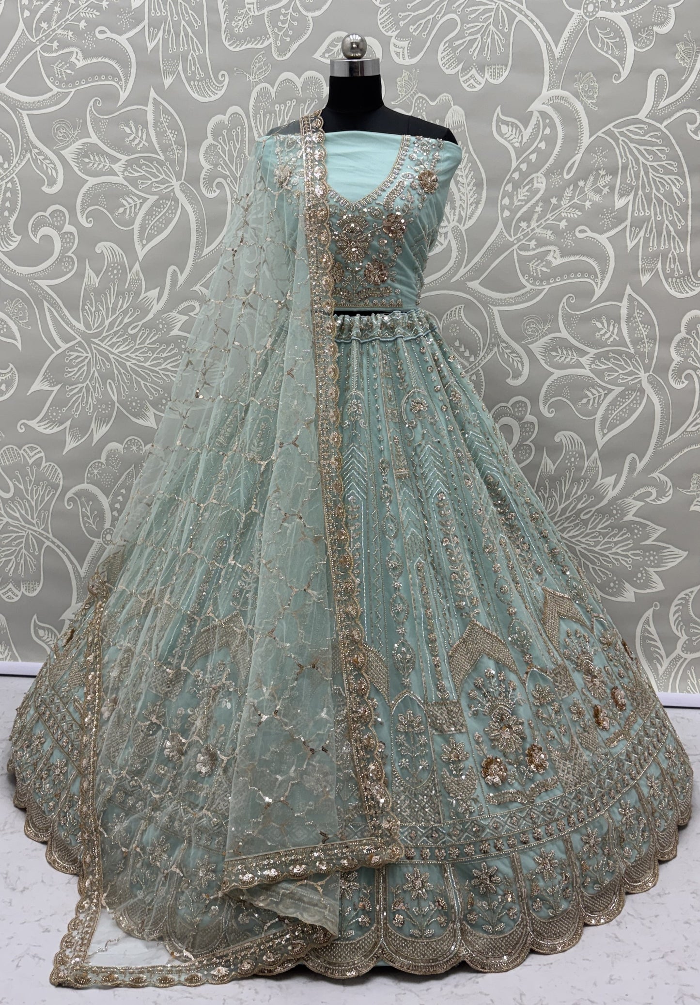Luxury Sky Blue Bridal Net Embroidered Bridal Lehenga Choli with Unstitched Blouse & Net Dupatta