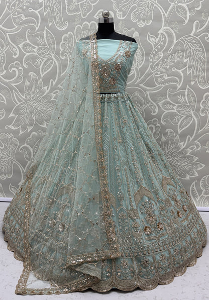 Luxury Sky Blue Bridal Net Embroidered Bridal Lehenga Choli with Unstitched Blouse & Net Dupatta
