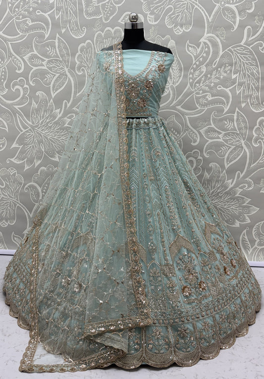 Luxury Sky Blue Bridal Net Embroidered Bridal Lehenga Choli with Unstitched Blouse & Net Dupatta