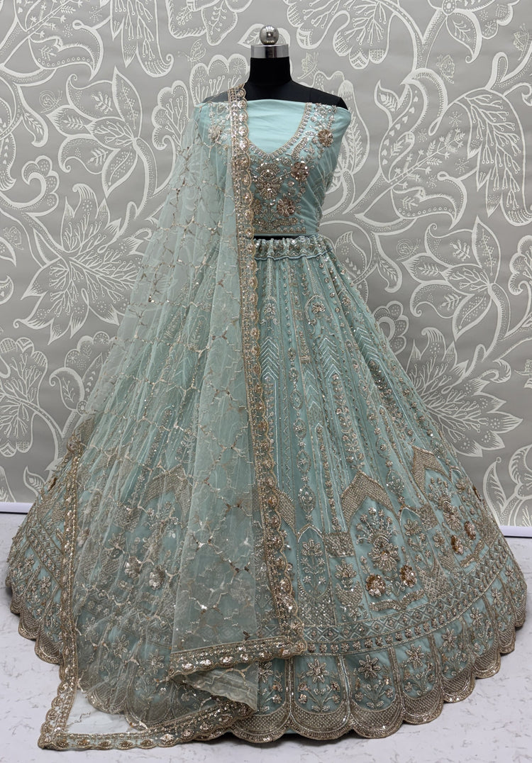 Luxury Sky Blue Bridal Net Embroidered Bridal Lehenga Choli with Unstitched Blouse & Net Dupatta