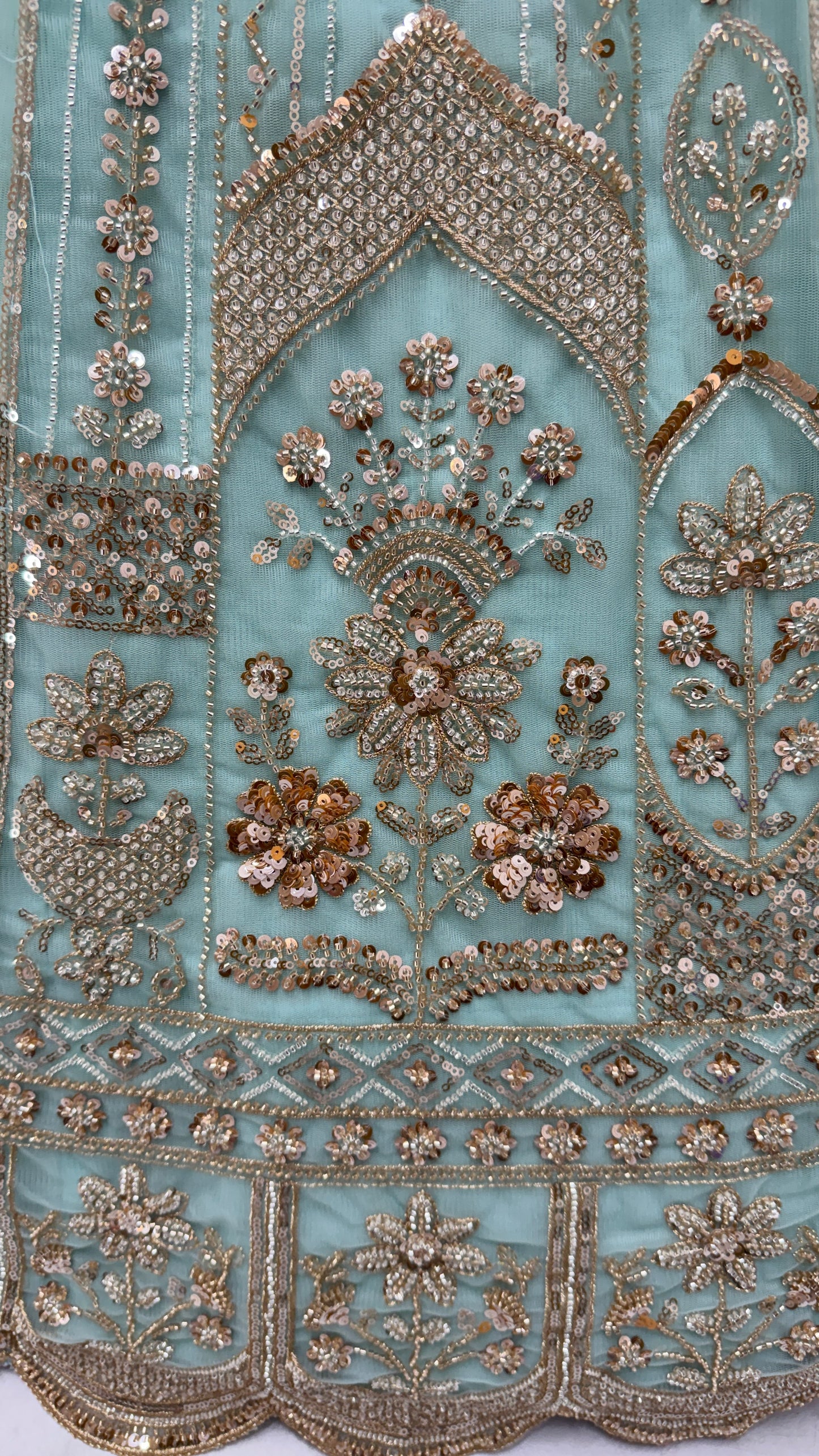 Luxury Sky Blue Bridal Net Embroidered Bridal Lehenga Choli with Unstitched Blouse & Net Dupatta