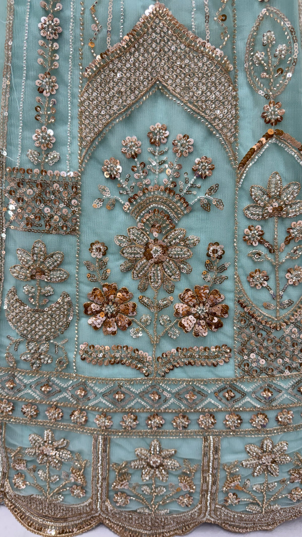 Luxury Sky Blue Bridal Net Embroidered Bridal Lehenga Choli with Unstitched Blouse & Net Dupatta