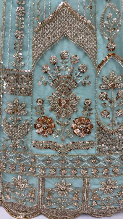 Luxury Sky Blue Bridal Net Embroidered Bridal Lehenga Choli with Unstitched Blouse & Net Dupatta