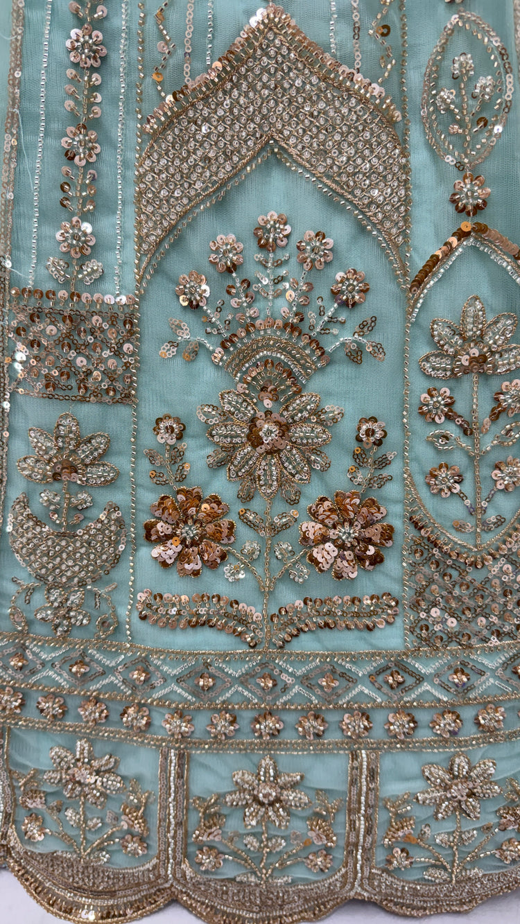 Luxury Sky Blue Bridal Net Embroidered Bridal Lehenga Choli with Unstitched Blouse & Net Dupatta