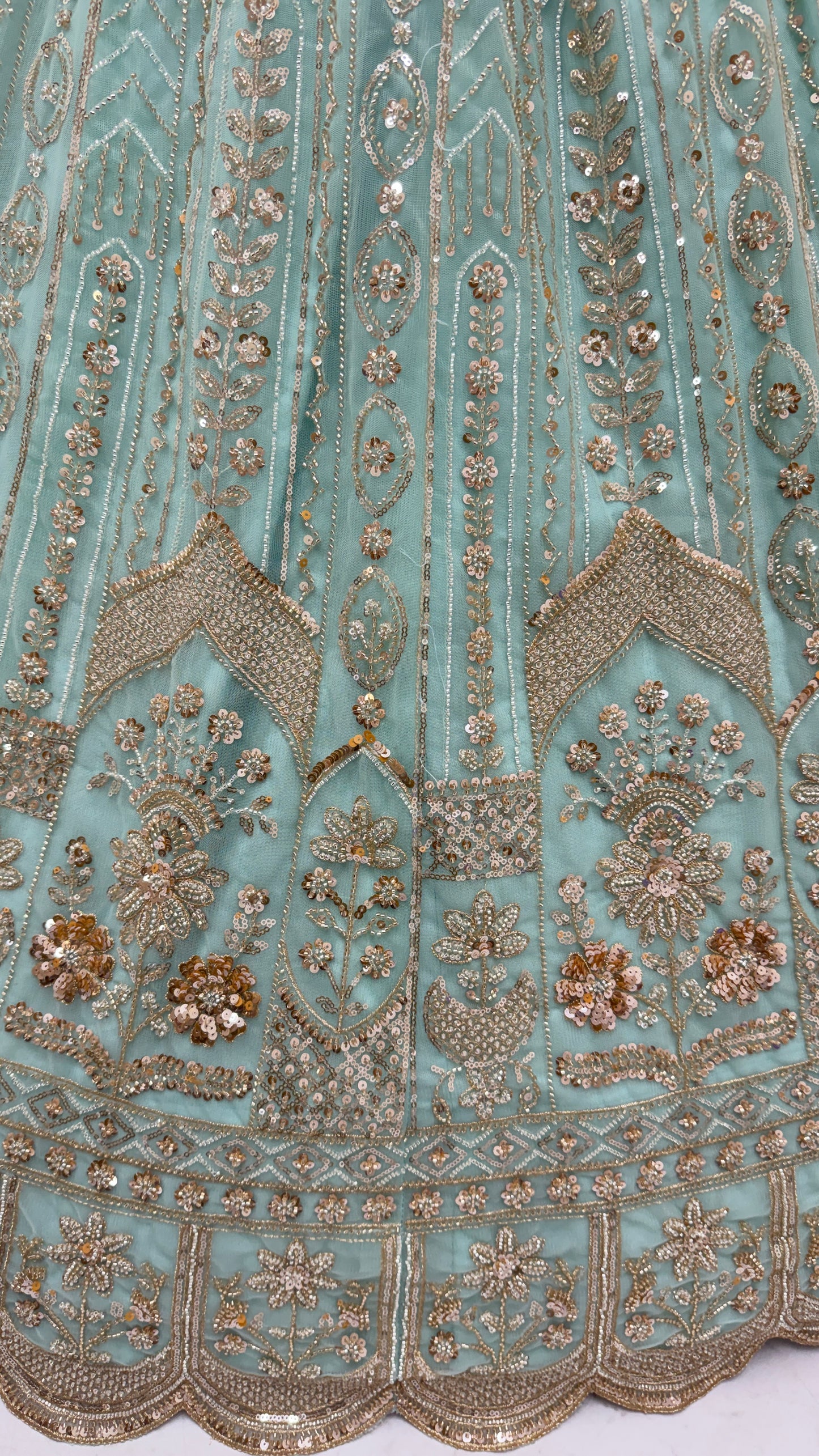 Luxury Sky Blue Bridal Net Embroidered Bridal Lehenga Choli with Unstitched Blouse & Net Dupatta