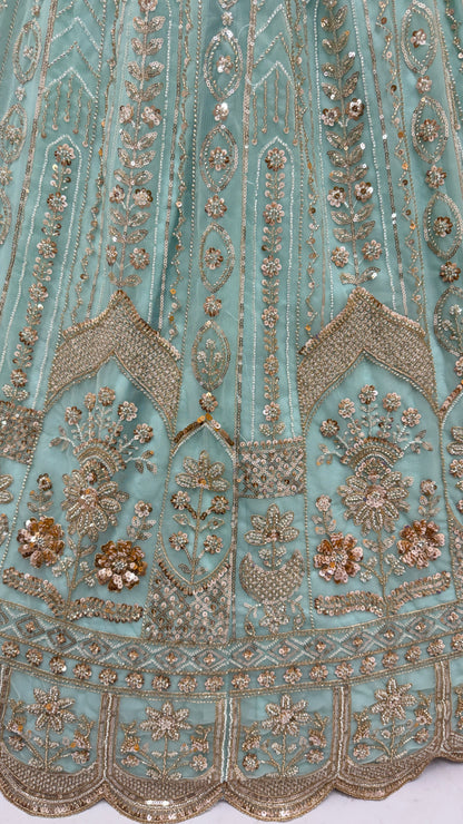 Luxury Sky Blue Bridal Net Embroidered Bridal Lehenga Choli with Unstitched Blouse & Net Dupatta