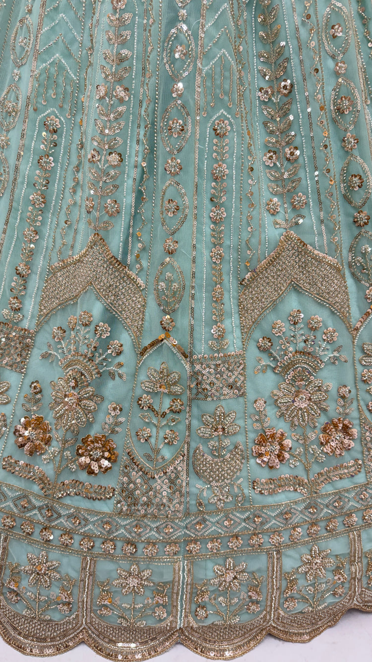 Luxury Sky Blue Bridal Net Embroidered Bridal Lehenga Choli with Unstitched Blouse & Net Dupatta