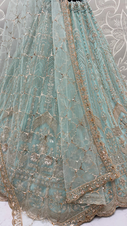 Luxury Sky Blue Bridal Net Embroidered Bridal Lehenga Choli with Unstitched Blouse & Net Dupatta