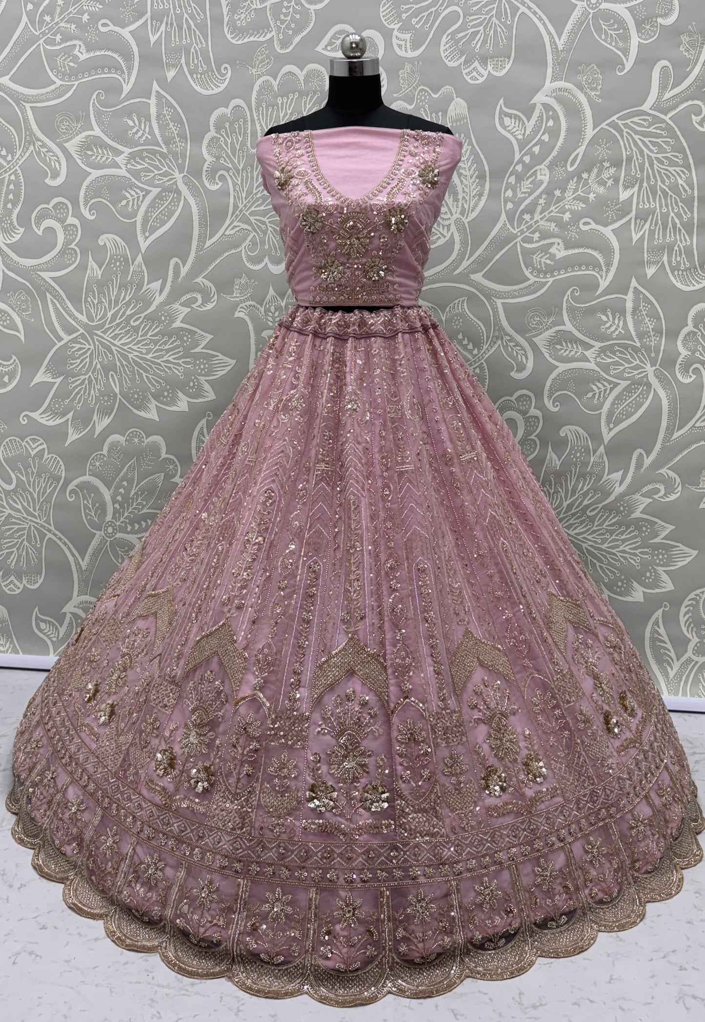 Luxury Baby Pink Bridal Net Embroidered Bridal Lehenga Choli with Unstitched Blouse & Net Dupatta