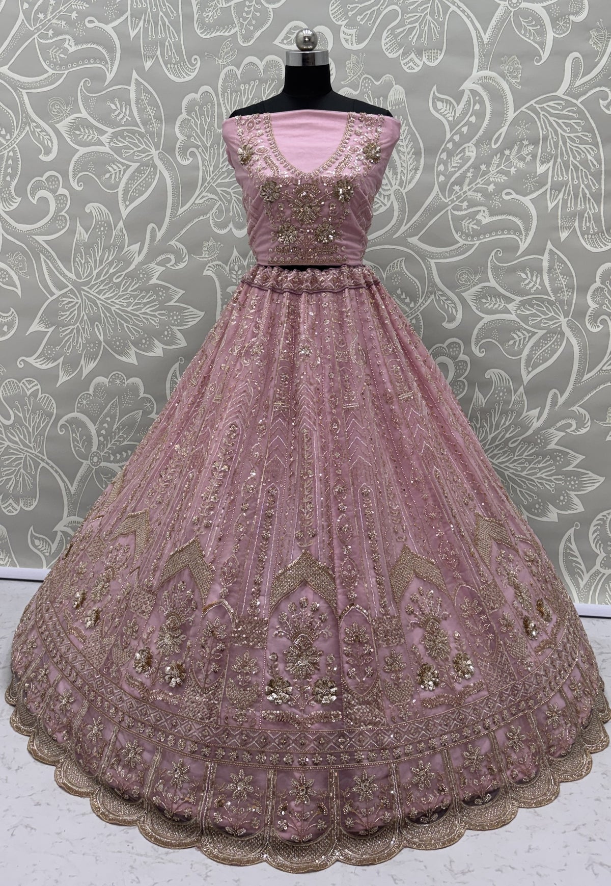 Luxury Baby Pink Bridal Net Embroidered Bridal Lehenga Choli with Unstitched Blouse & Net Dupatta