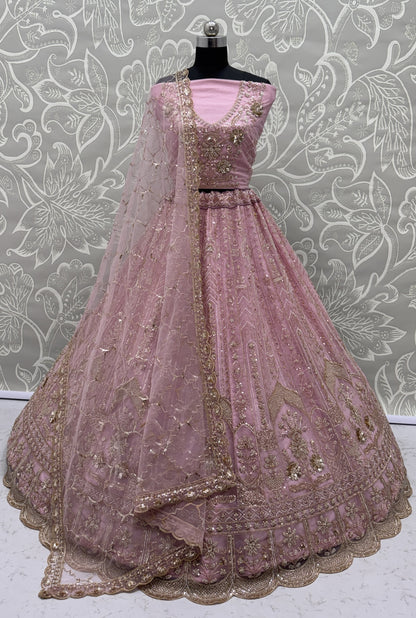 Luxury Baby Pink Bridal Net Embroidered Bridal Lehenga Choli with Unstitched Blouse & Net Dupatta