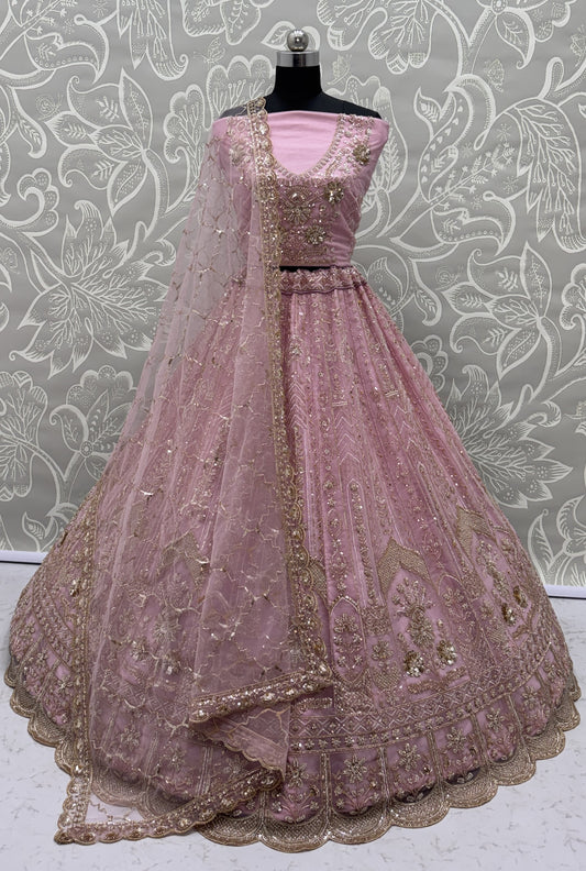 Luxury Baby Pink Bridal Net Embroidered Bridal Lehenga Choli with Unstitched Blouse & Net Dupatta
