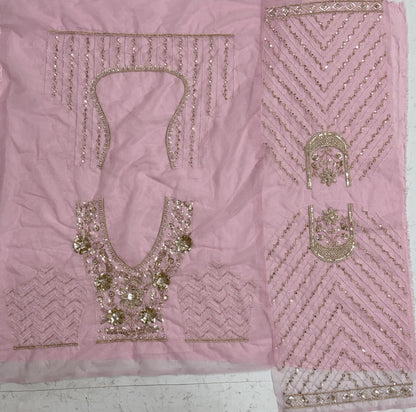 Luxury Baby Pink Bridal Net Embroidered Bridal Lehenga Choli with Unstitched Blouse & Net Dupatta