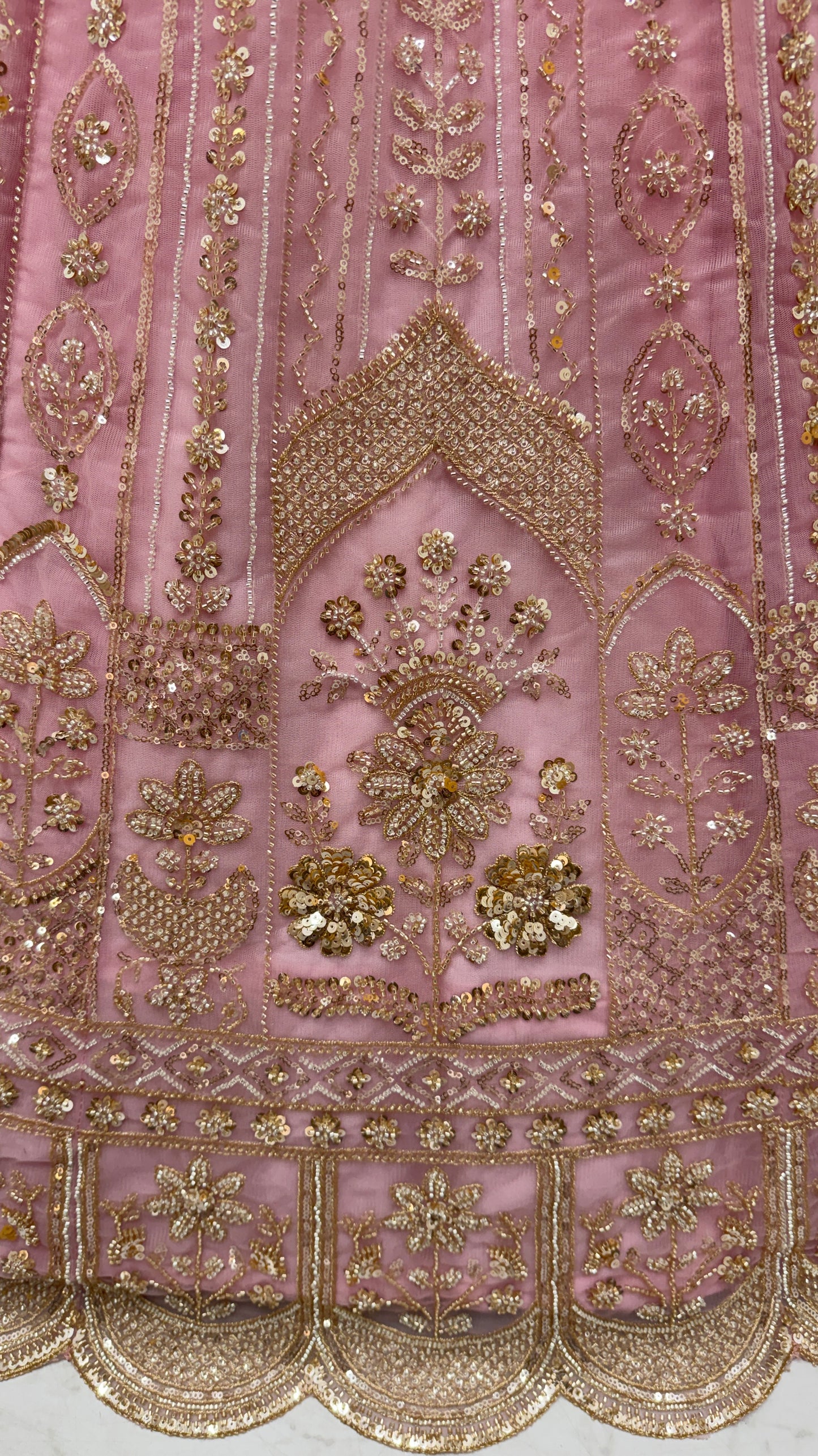 Luxury Baby Pink Bridal Net Embroidered Bridal Lehenga Choli with Unstitched Blouse & Net Dupatta