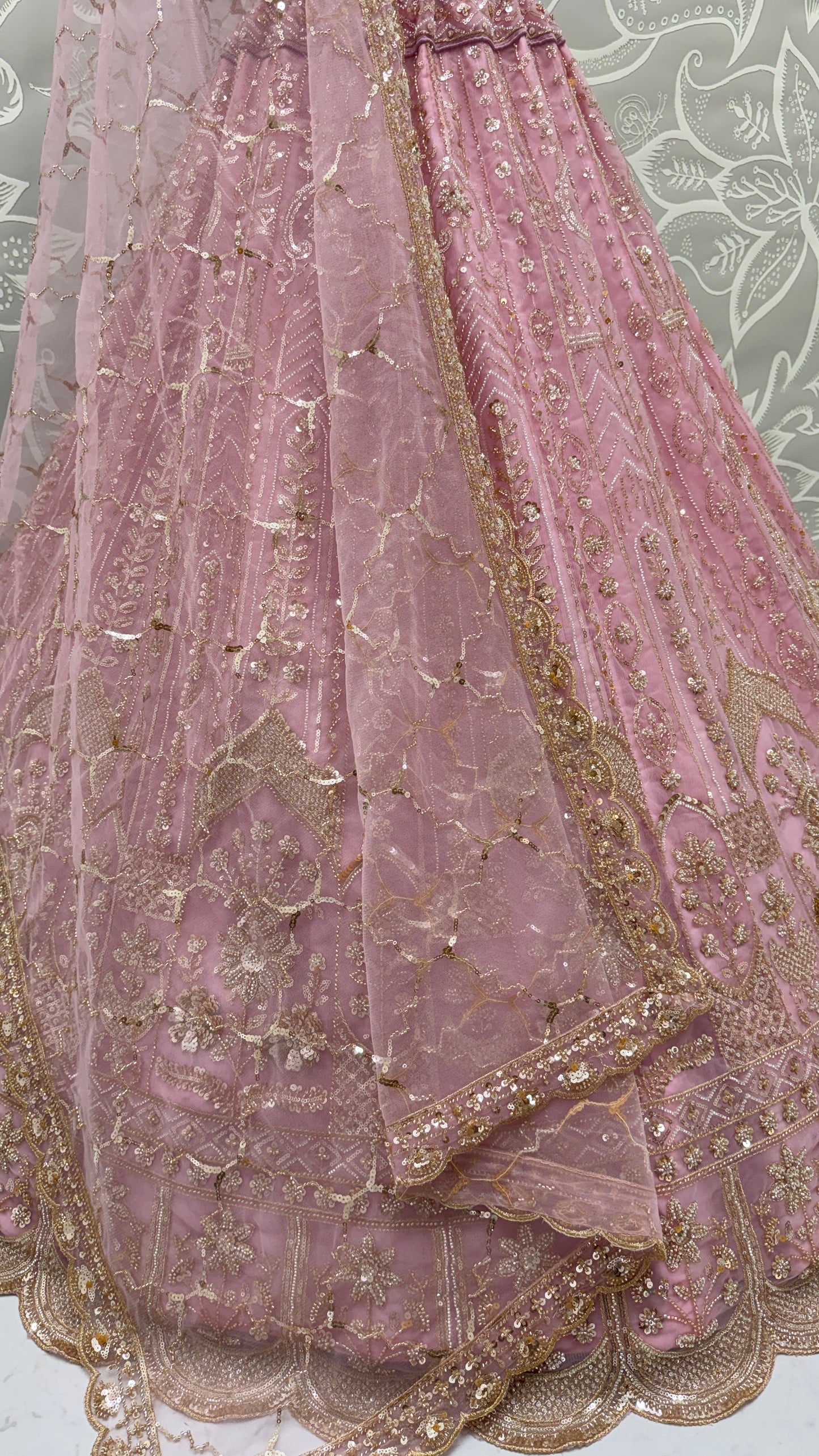 Luxury Baby Pink Bridal Net Embroidered Bridal Lehenga Choli with Unstitched Blouse & Net Dupatta