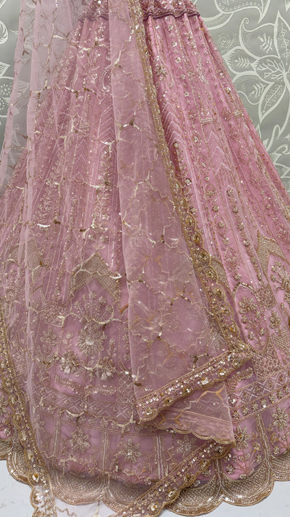 Luxury Baby Pink Bridal Net Embroidered Bridal Lehenga Choli with Unstitched Blouse & Net Dupatta