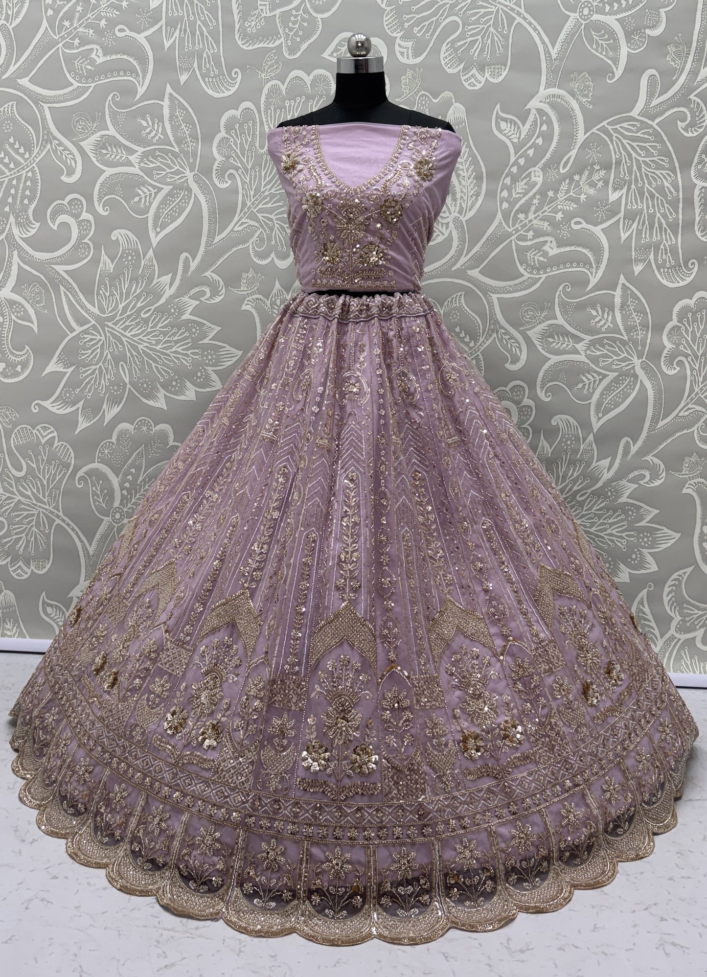 Luxury Lavender Bridal Net Embroidered Bridal Lehenga Choli with Unstitched Blouse & Net Dupatta