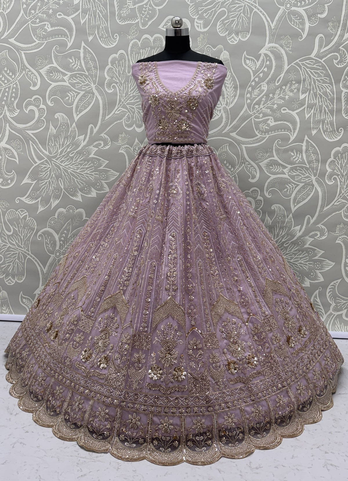 Luxury Lavender Bridal Net Embroidered Bridal Lehenga Choli with Unstitched Blouse & Net Dupatta
