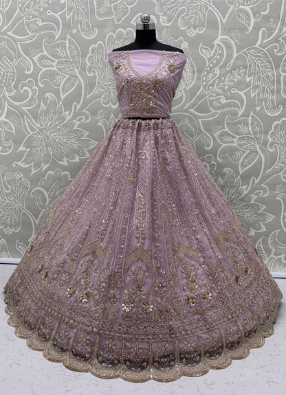 Luxury Lavender Bridal Net Embroidered Bridal Lehenga Choli with Unstitched Blouse & Net Dupatta