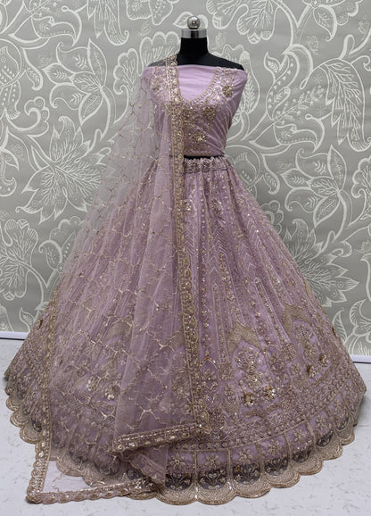 Luxury Lavender Bridal Net Embroidered Bridal Lehenga Choli with Unstitched Blouse & Net Dupatta