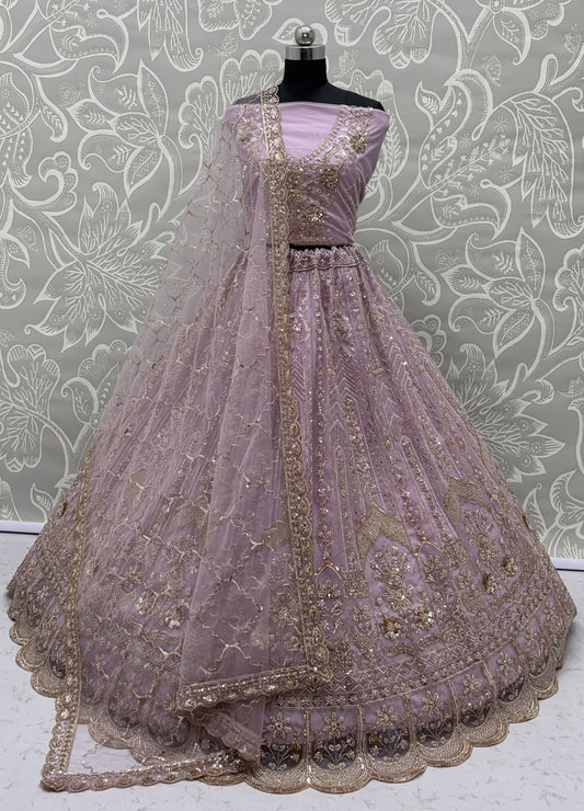 Luxury Lavender Bridal Net Embroidered Bridal Lehenga Choli with Unstitched Blouse & Net Dupatta