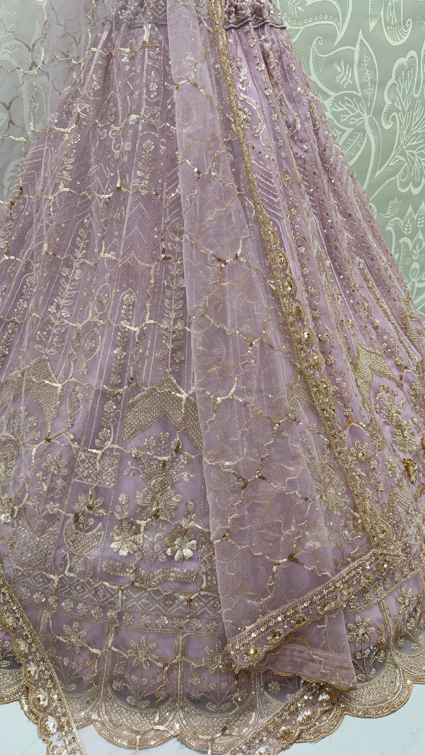 Luxury Lavender Bridal Net Embroidered Bridal Lehenga Choli with Unstitched Blouse & Net Dupatta