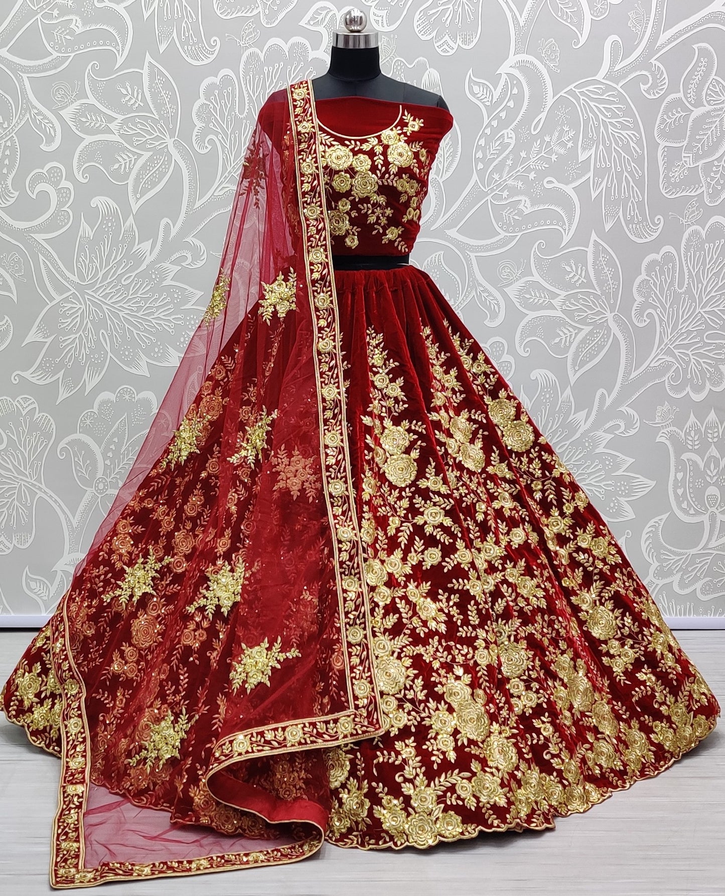 Luxury Bridal Velvet Lehenga Choli with Heavy Floral Embroidery & Designer Net Dupatta