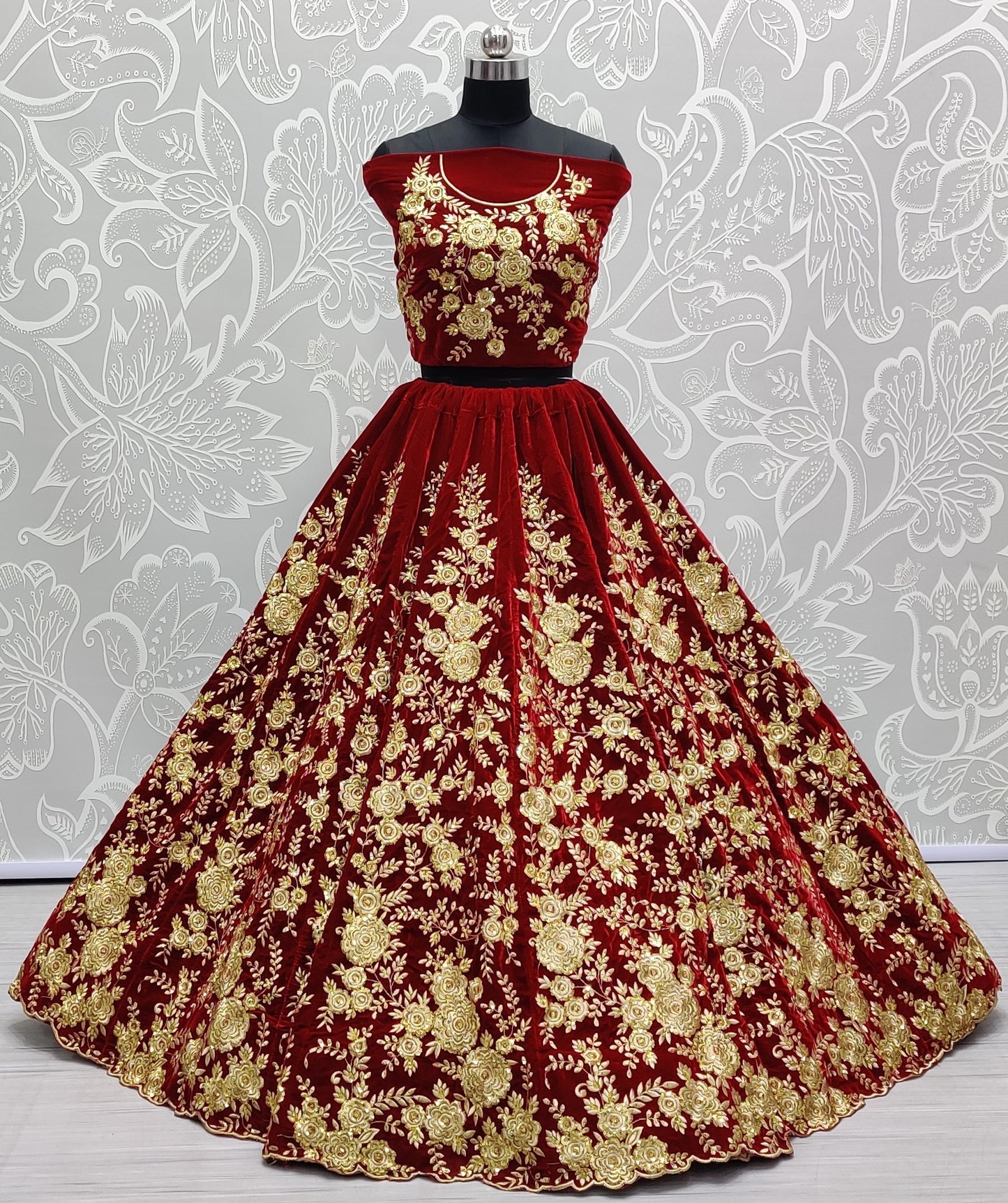 Luxury Bridal Velvet Lehenga Choli with Heavy Floral Embroidery & Designer Net Dupatta