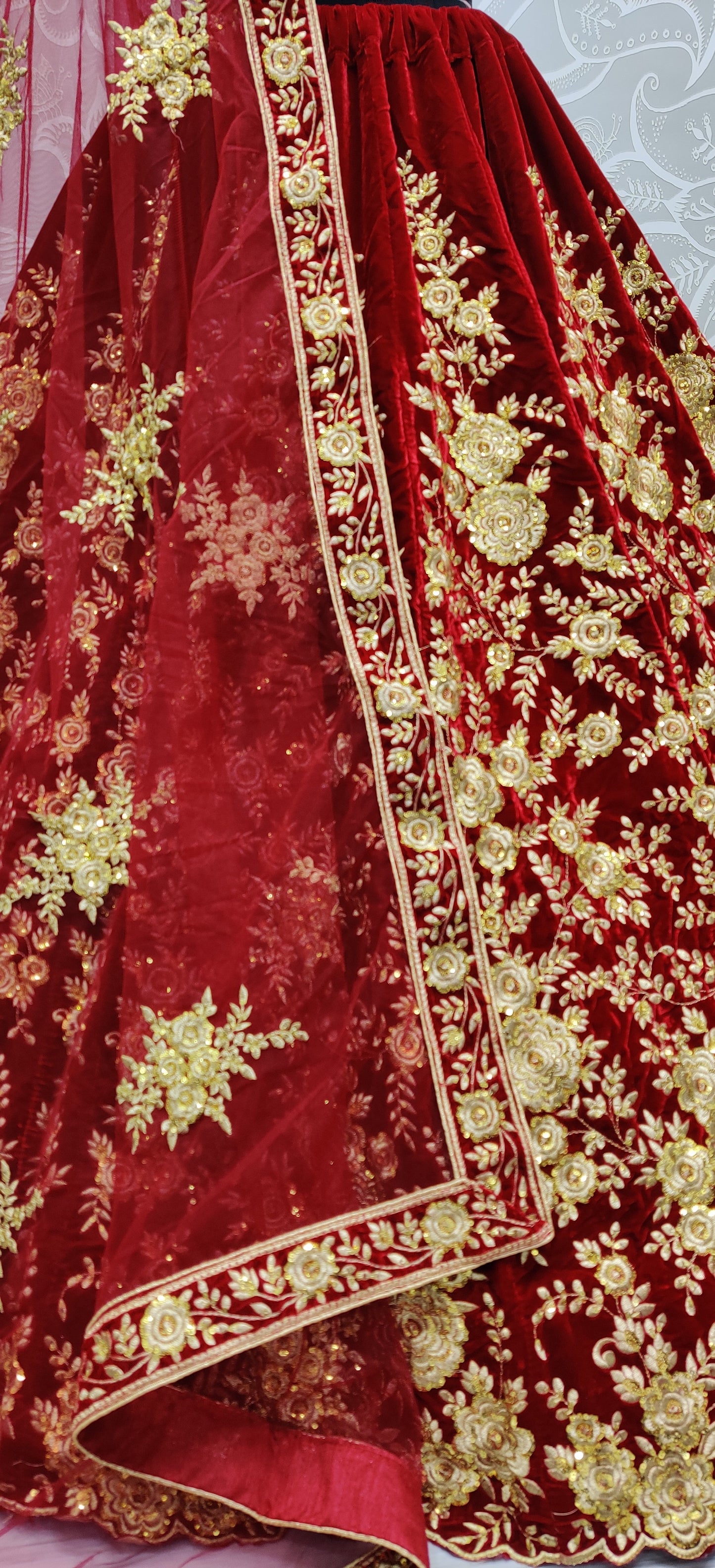 Luxury Bridal Velvet Lehenga Choli with Heavy Floral Embroidery & Designer Net Dupatta