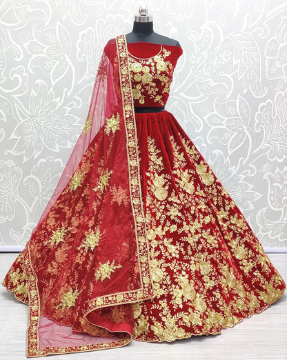 Ruby Red Velvet Bridal Lehenga Choli with Heavy Floral Zari Embroidery & Designer Net Dupatta