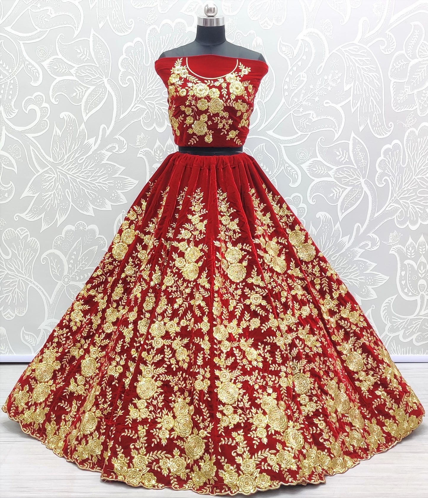 Ruby Red Velvet Bridal Lehenga Choli with Heavy Floral Zari Embroidery & Designer Net Dupatta