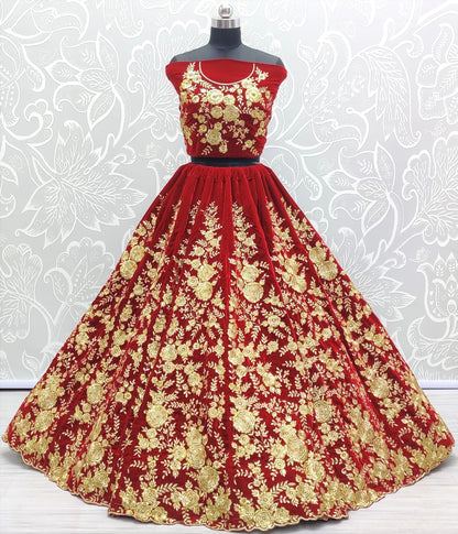Ruby Red Velvet Bridal Lehenga Choli with Heavy Floral Zari Embroidery & Designer Net Dupatta