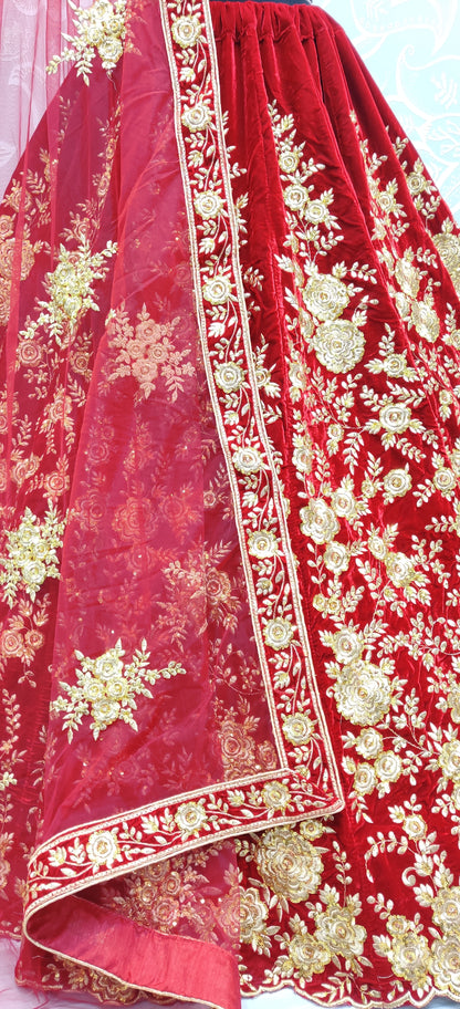 Ruby Red Velvet Bridal Lehenga Choli with Heavy Floral Zari Embroidery & Designer Net Dupatta