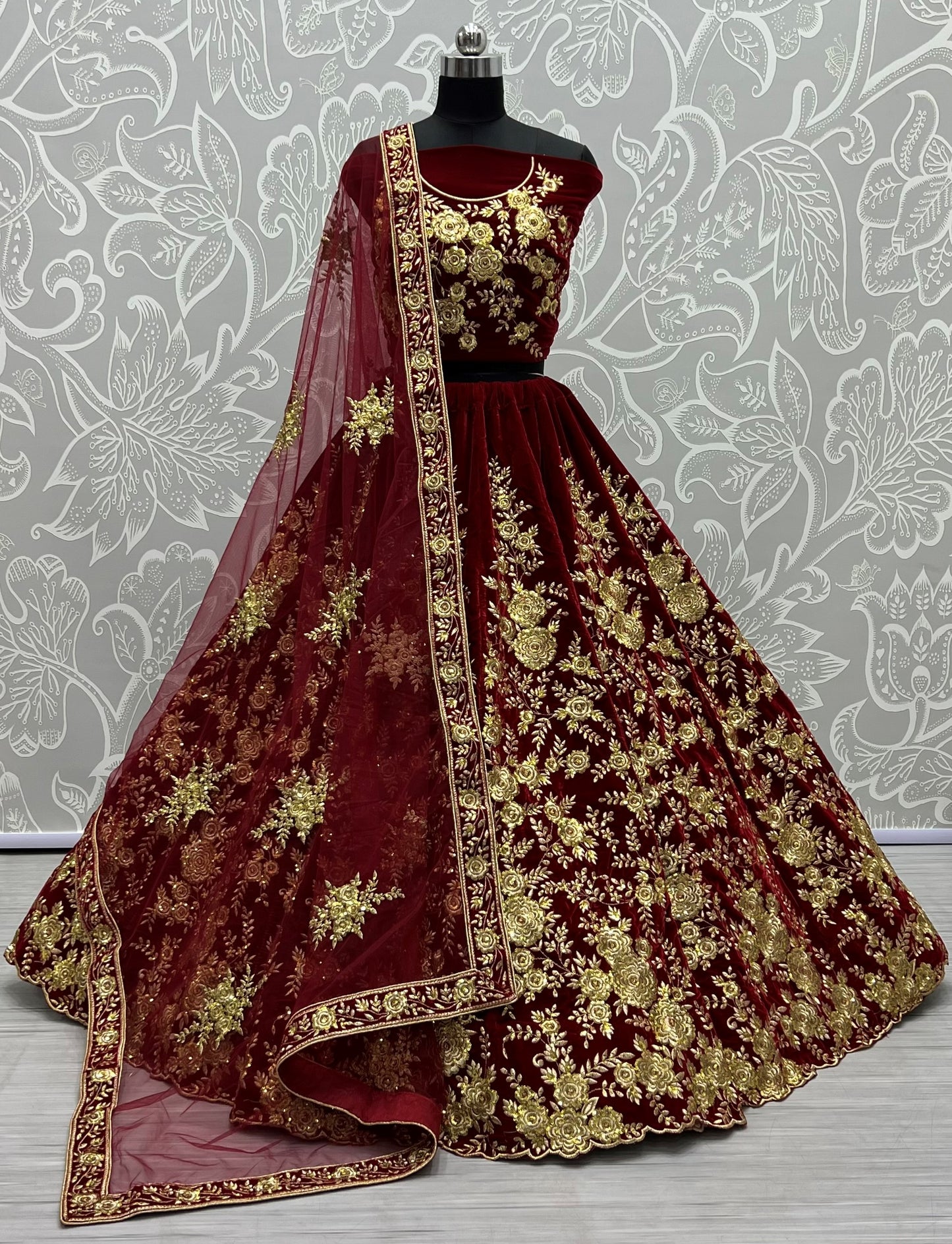 Royal Burgundy Velvet Bridal Lehenga Choli with Heavy Floral Zari Embroidery & Designer Net Dupatta
