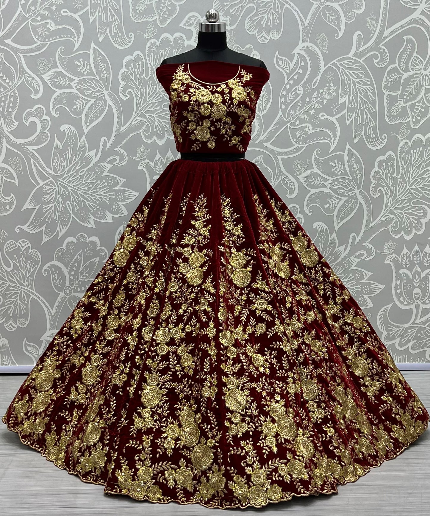 Royal Burgundy Velvet Bridal Lehenga Choli with Heavy Floral Zari Embroidery & Designer Net Dupatta