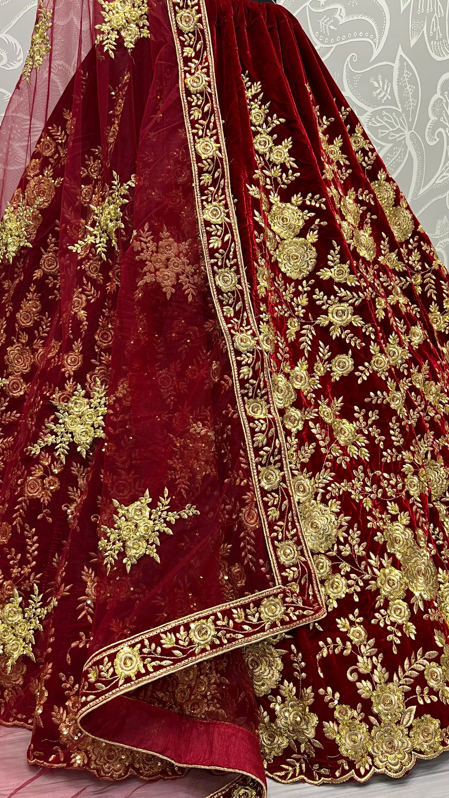 Royal Burgundy Velvet Bridal Lehenga Choli with Heavy Floral Zari Embroidery & Designer Net Dupatta