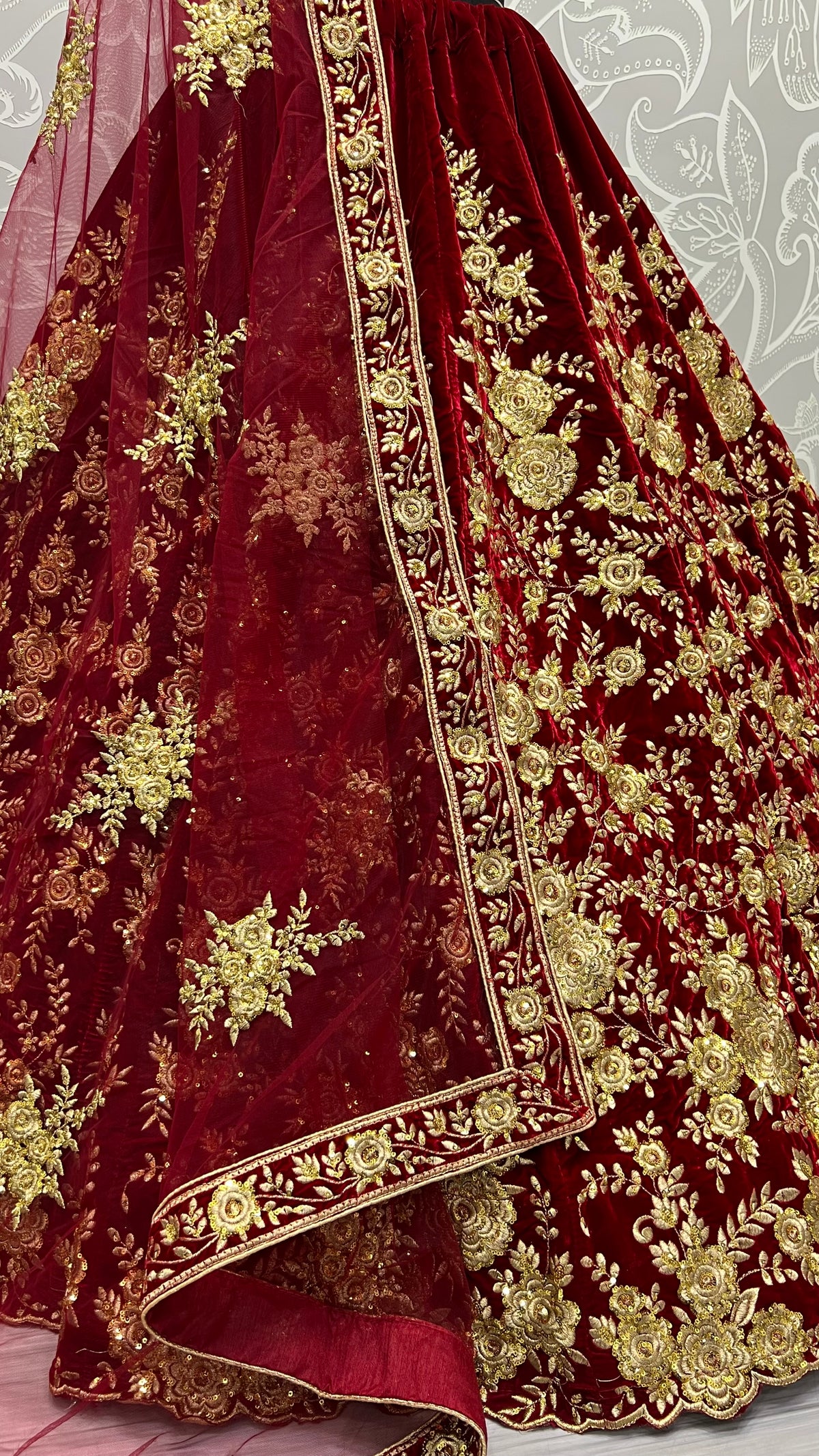 Royal Burgundy Velvet Bridal Lehenga Choli with Heavy Floral Zari Embroidery & Designer Net Dupatta