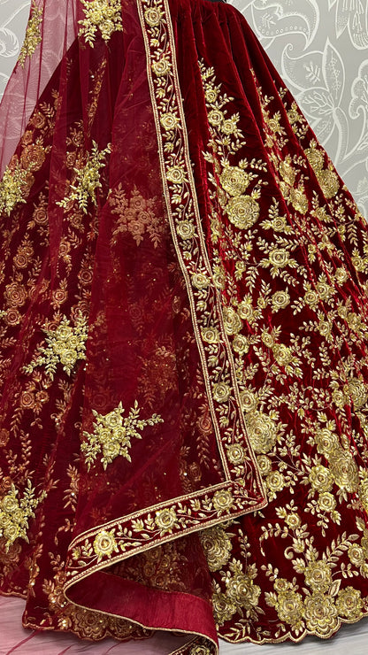 Royal Burgundy Velvet Bridal Lehenga Choli with Heavy Floral Zari Embroidery & Designer Net Dupatta