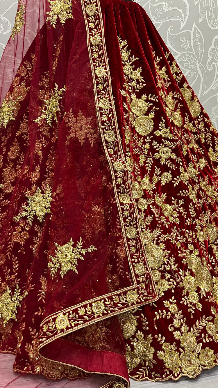 Royal Burgundy Velvet Bridal Lehenga Choli with Heavy Floral Zari Embroidery & Designer Net Dupatta