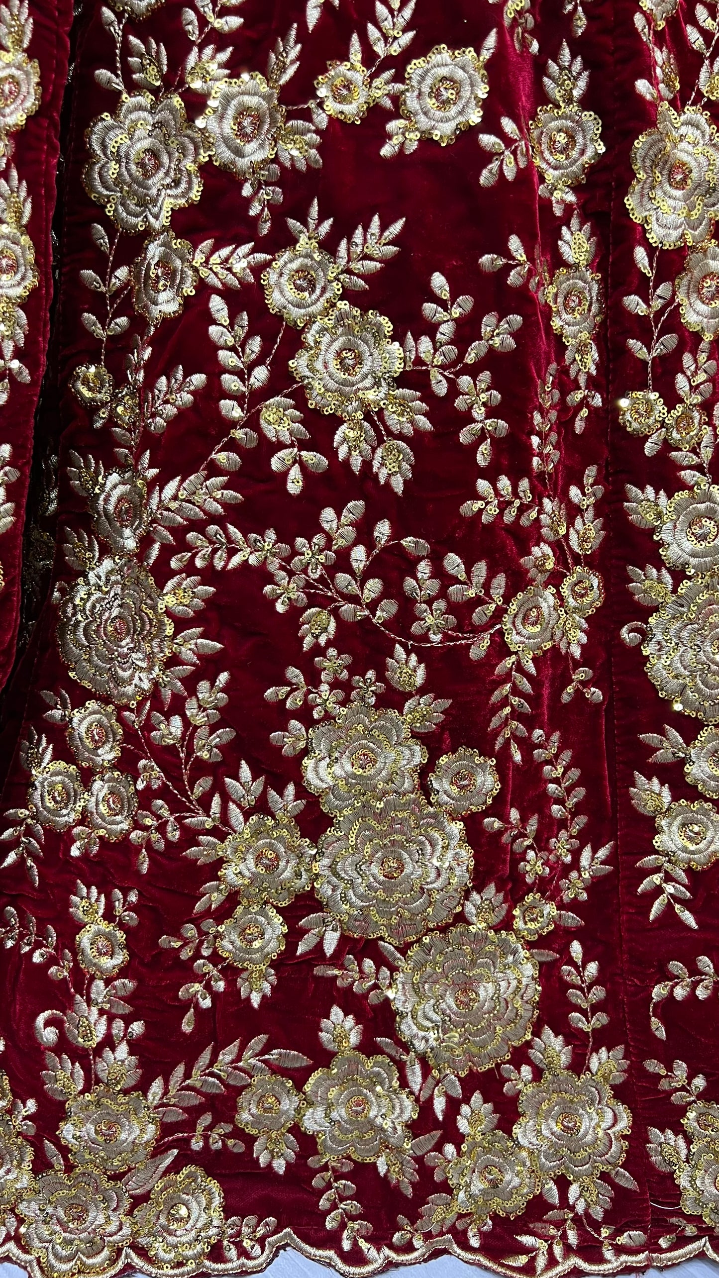 Royal Burgundy Velvet Bridal Lehenga Choli with Heavy Floral Zari Embroidery & Designer Net Dupatta