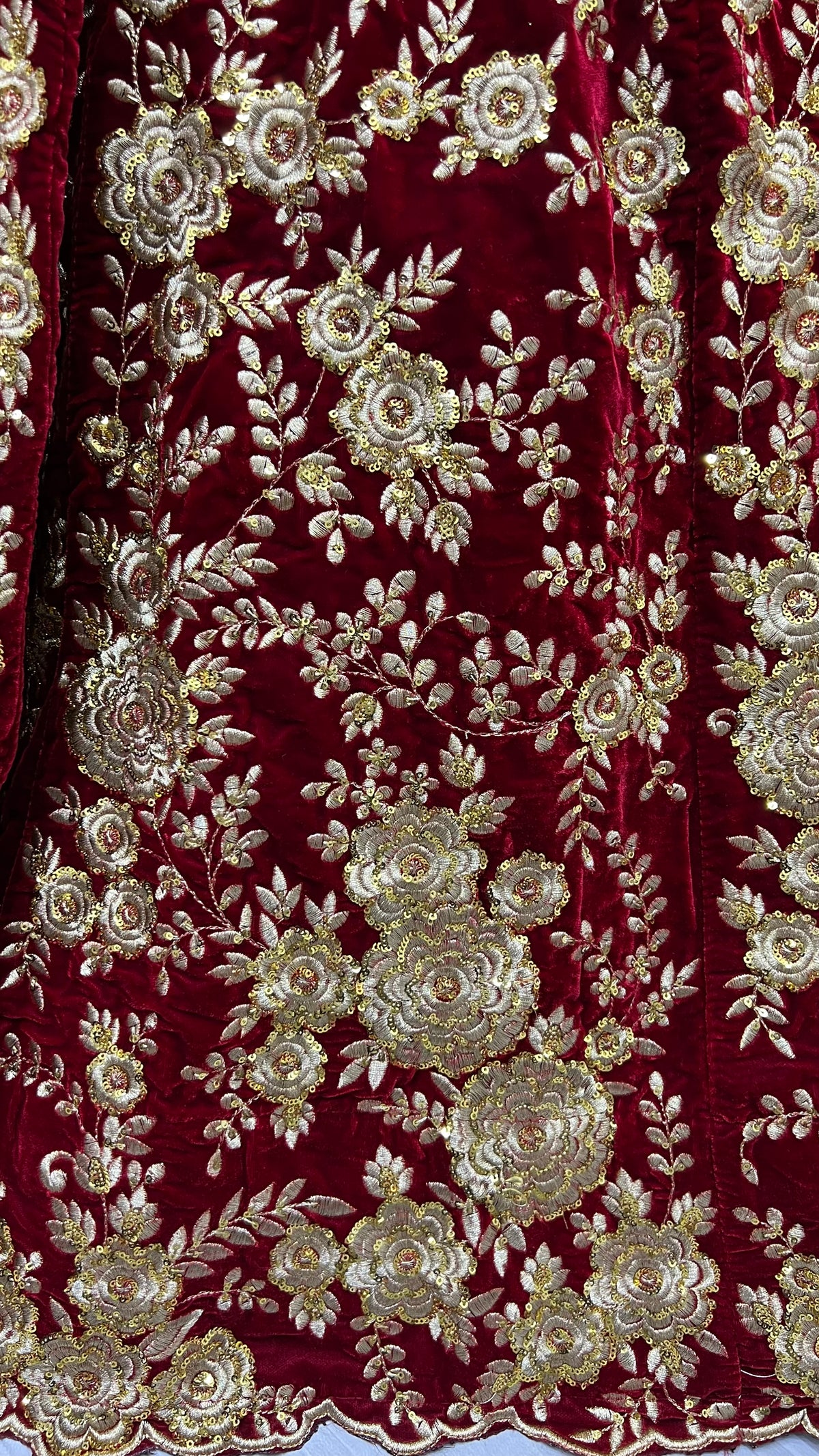 Royal Burgundy Velvet Bridal Lehenga Choli with Heavy Floral Zari Embroidery & Designer Net Dupatta