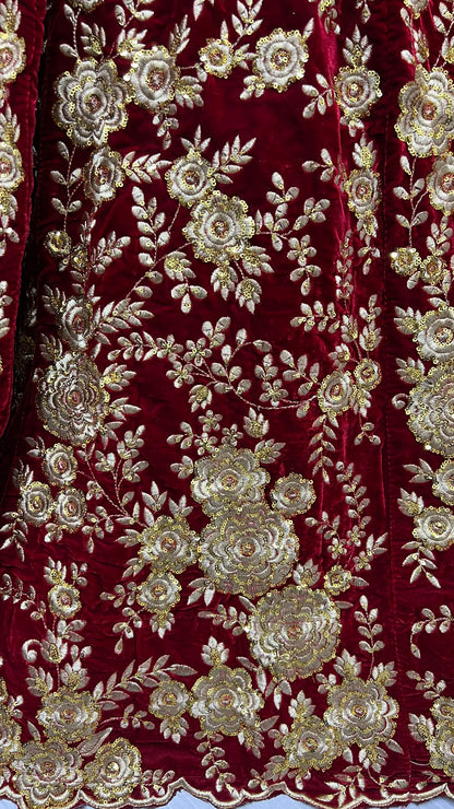 Royal Burgundy Velvet Bridal Lehenga Choli with Heavy Floral Zari Embroidery & Designer Net Dupatta
