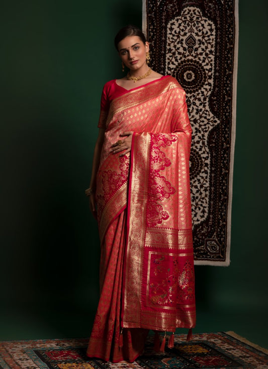 Silk Crafted with selected Zari and dhaga matching extra ordinary Silk Saree Peach