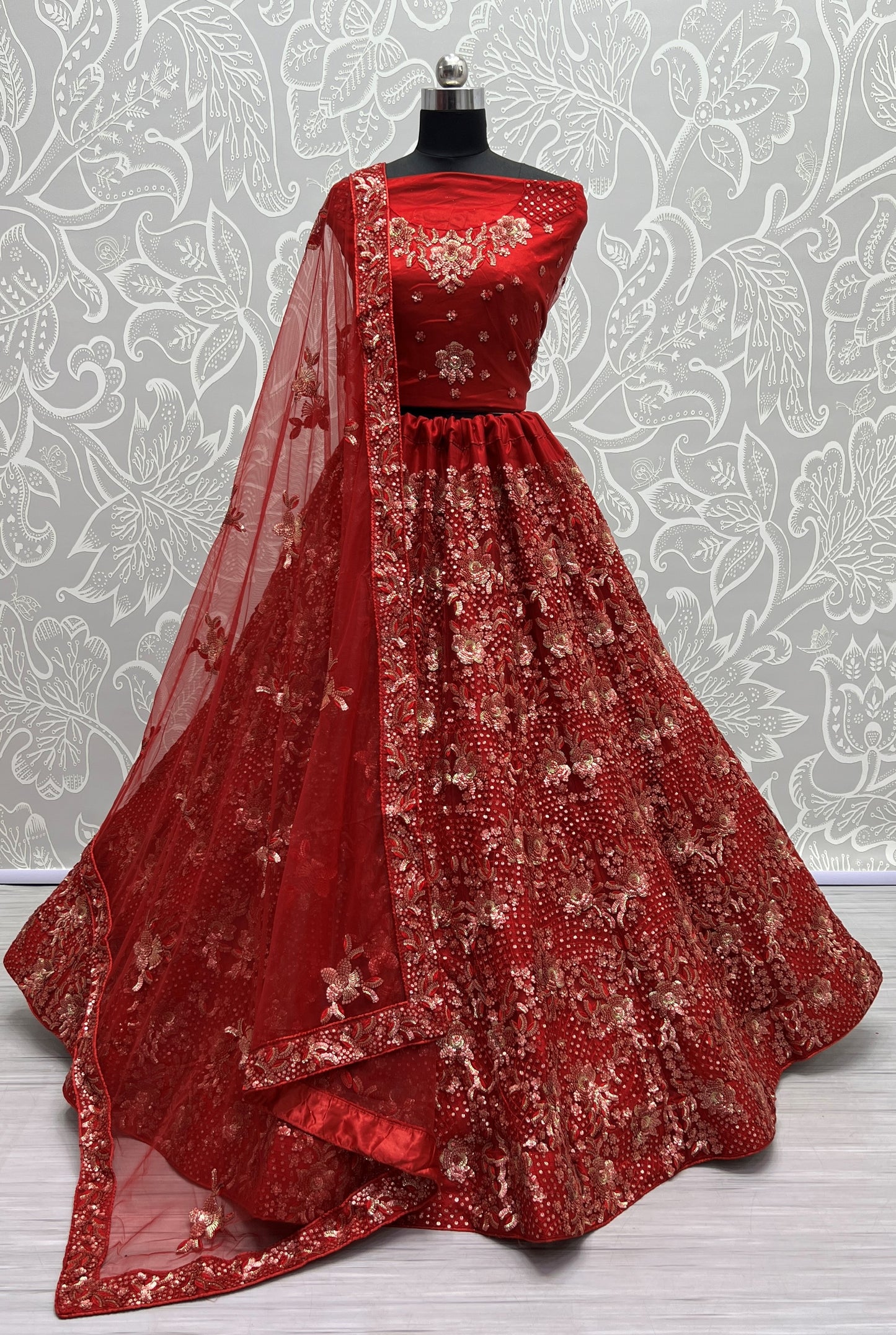 Ruby Red Heavy Net Bridal Lehenga Choli with Fancy Flower Embroidery, Double Sequins, Thread & Zari Work