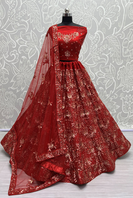 Ruby Red Heavy Net Bridal Lehenga Choli with Fancy Flower Embroidery, Double Sequins, Thread & Zari Work