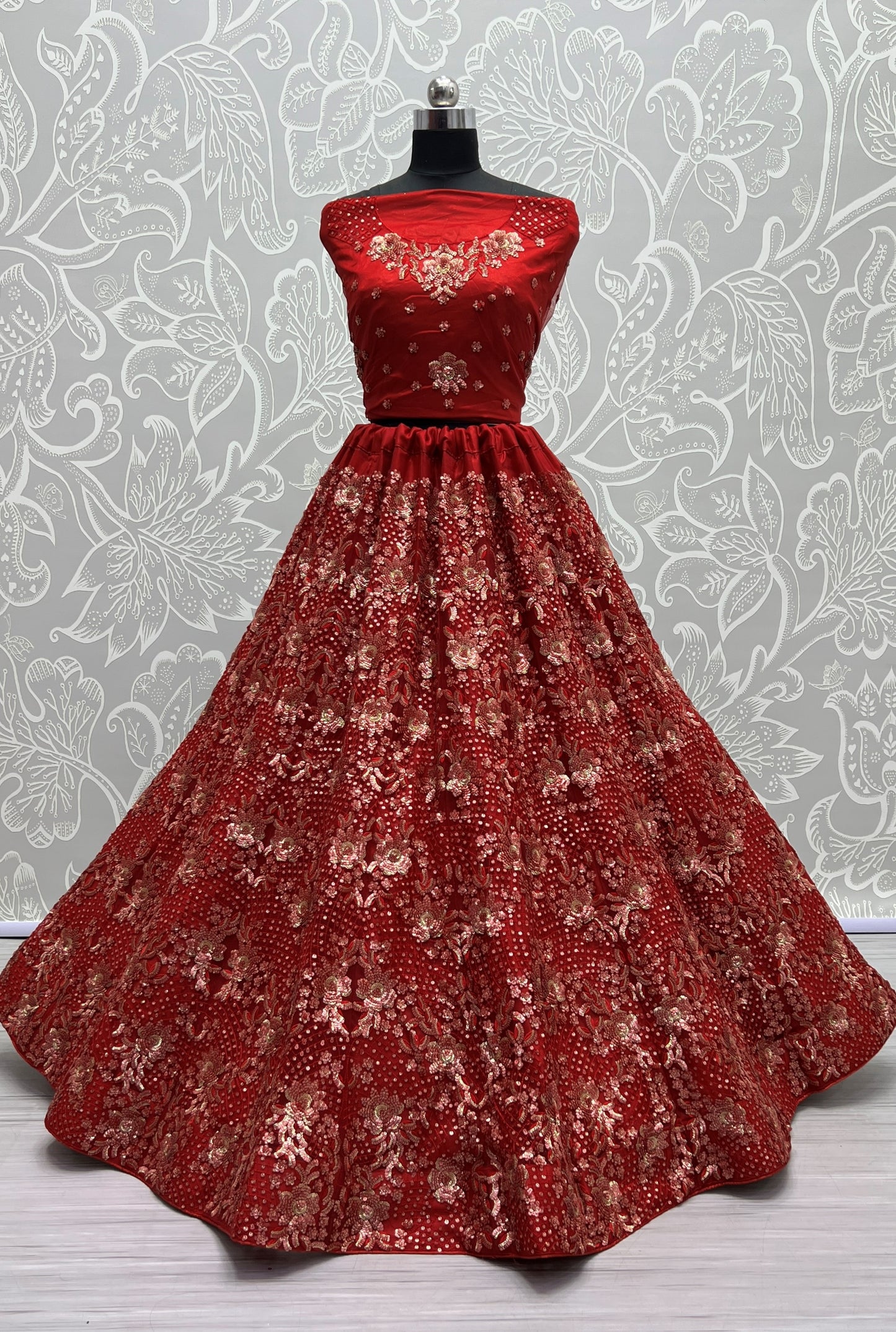 Ruby Red Heavy Net Bridal Lehenga Choli with Fancy Flower Embroidery, Double Sequins, Thread & Zari Work