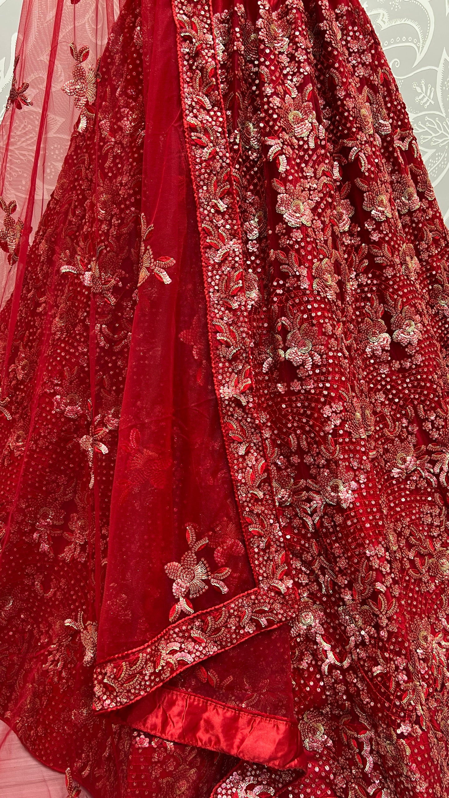 Ruby Red Heavy Net Bridal Lehenga Choli with Fancy Flower Embroidery, Double Sequins, Thread & Zari Work