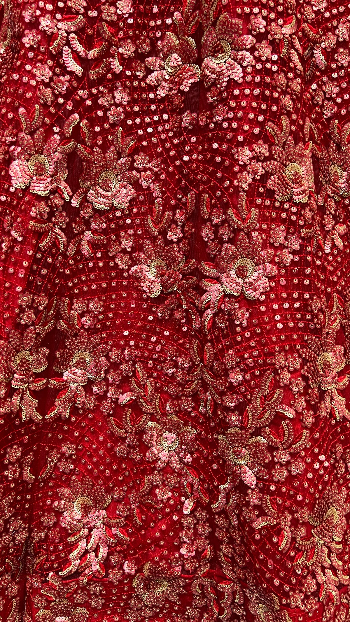 Ruby Red Heavy Net Bridal Lehenga Choli with Fancy Flower Embroidery, Double Sequins, Thread & Zari Work