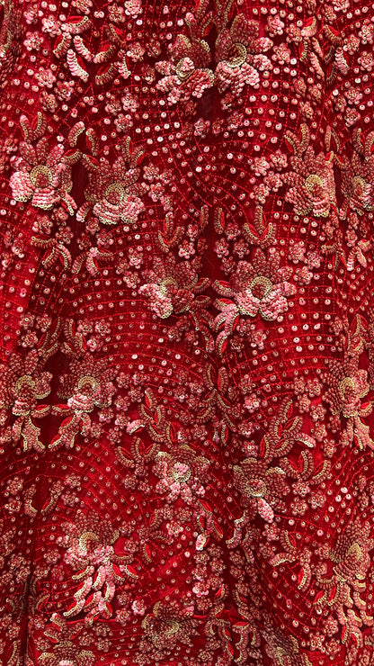 Ruby Red Heavy Net Bridal Lehenga Choli with Fancy Flower Embroidery, Double Sequins, Thread & Zari Work